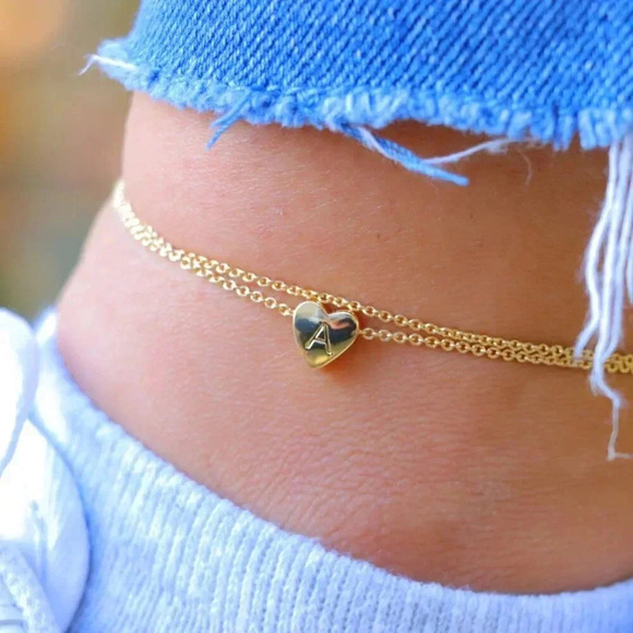 GOLD INITIAL ANKLET ❤️HEART CHARM PERSONALIZED DOUBLE LAYER DAINTY, ELDM22105A - Picture 9 of 13